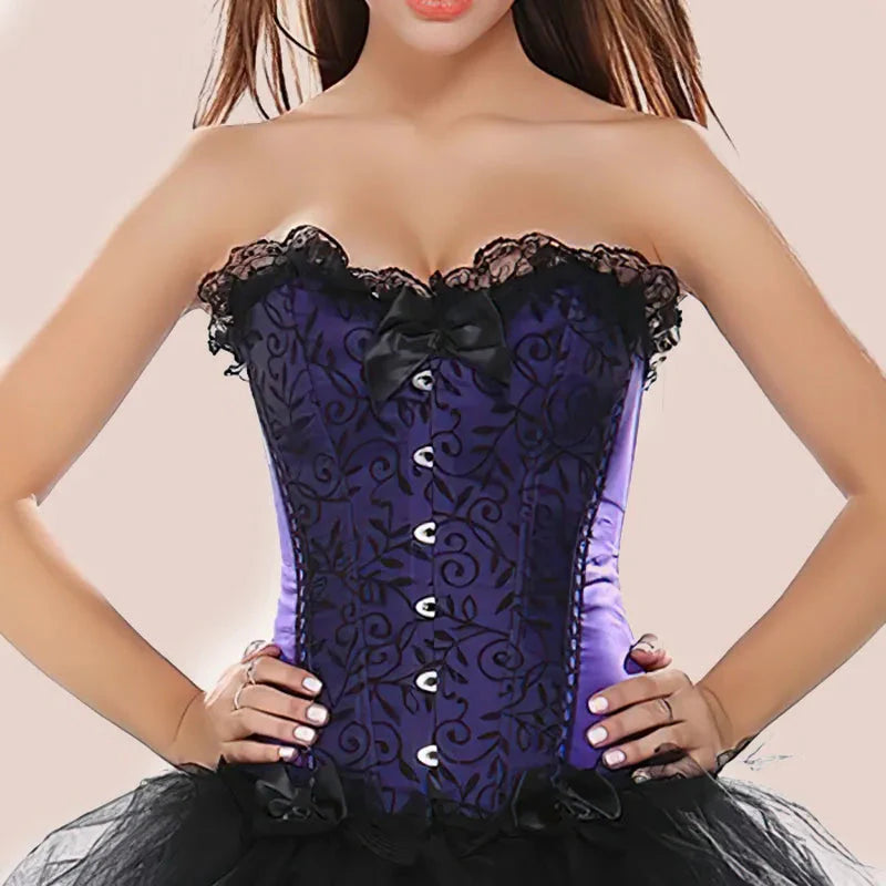 Violettes Korsett mit Spitzenbesatz