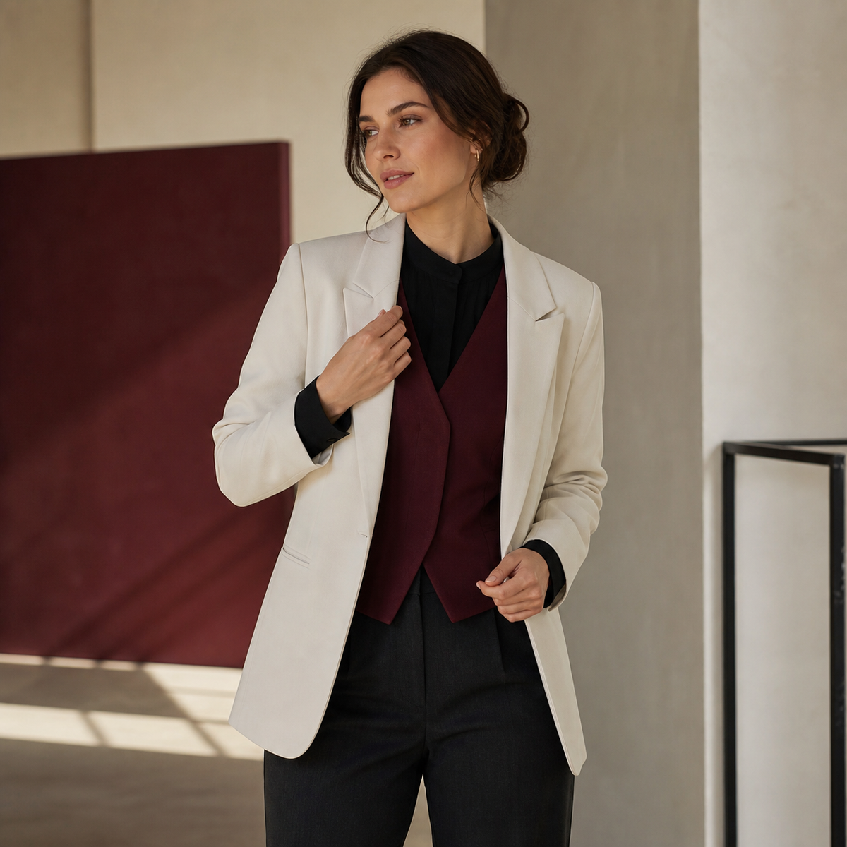 Frau in einem bordeauxfarbenen strukturierten Look mit hellem Blazer