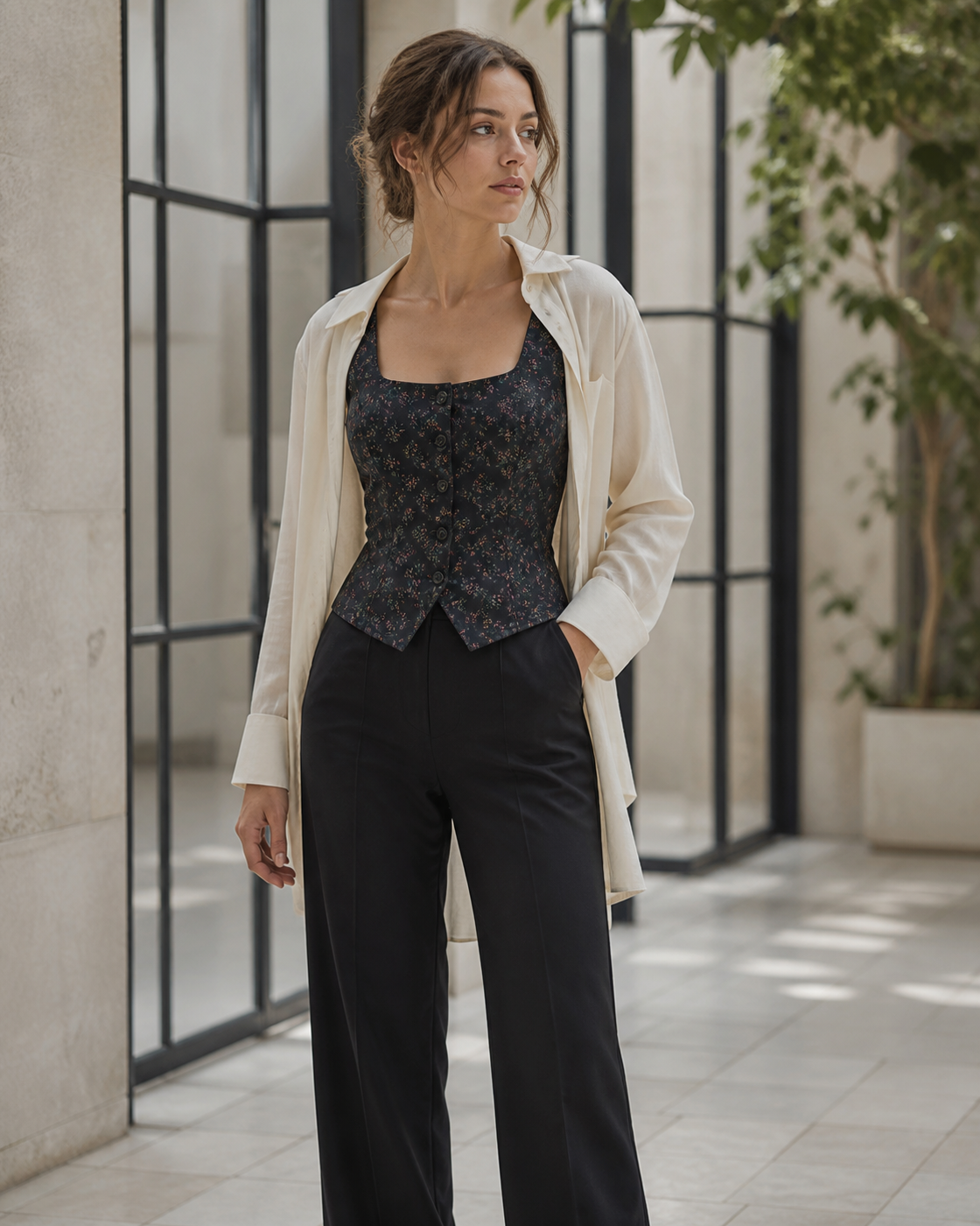Frau in einem dunklen floralen Korsett-Look mit heller Bluse
