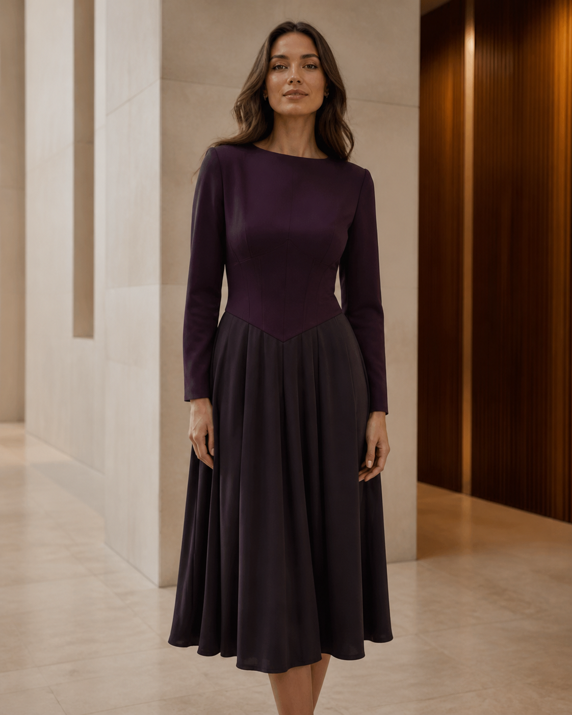 Frau in einem tief bordeauxfarbenen Kleid mit strukturierter Silhouette