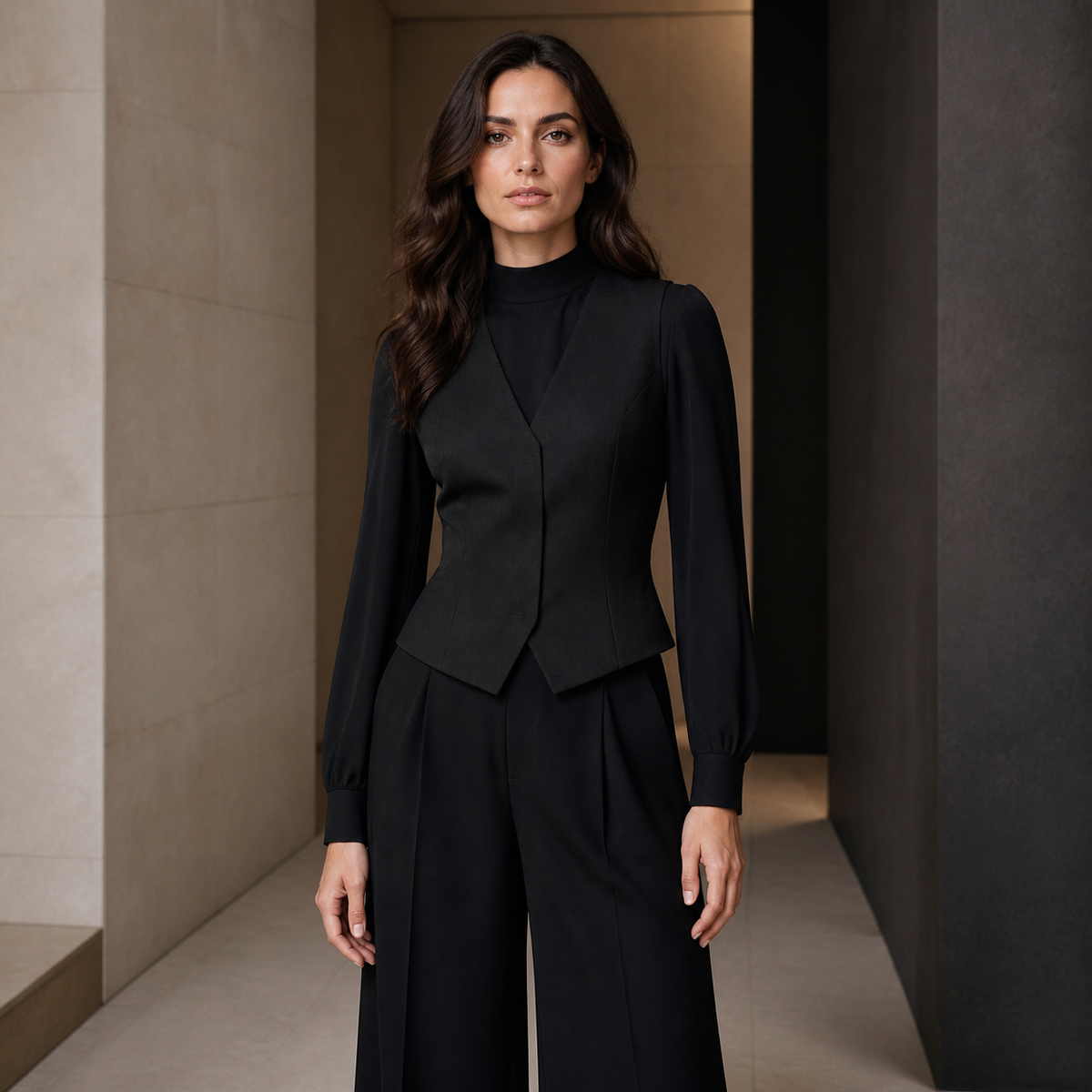 Frau in einem schwarzen strukturierten Look vor heller Steinarchitektur