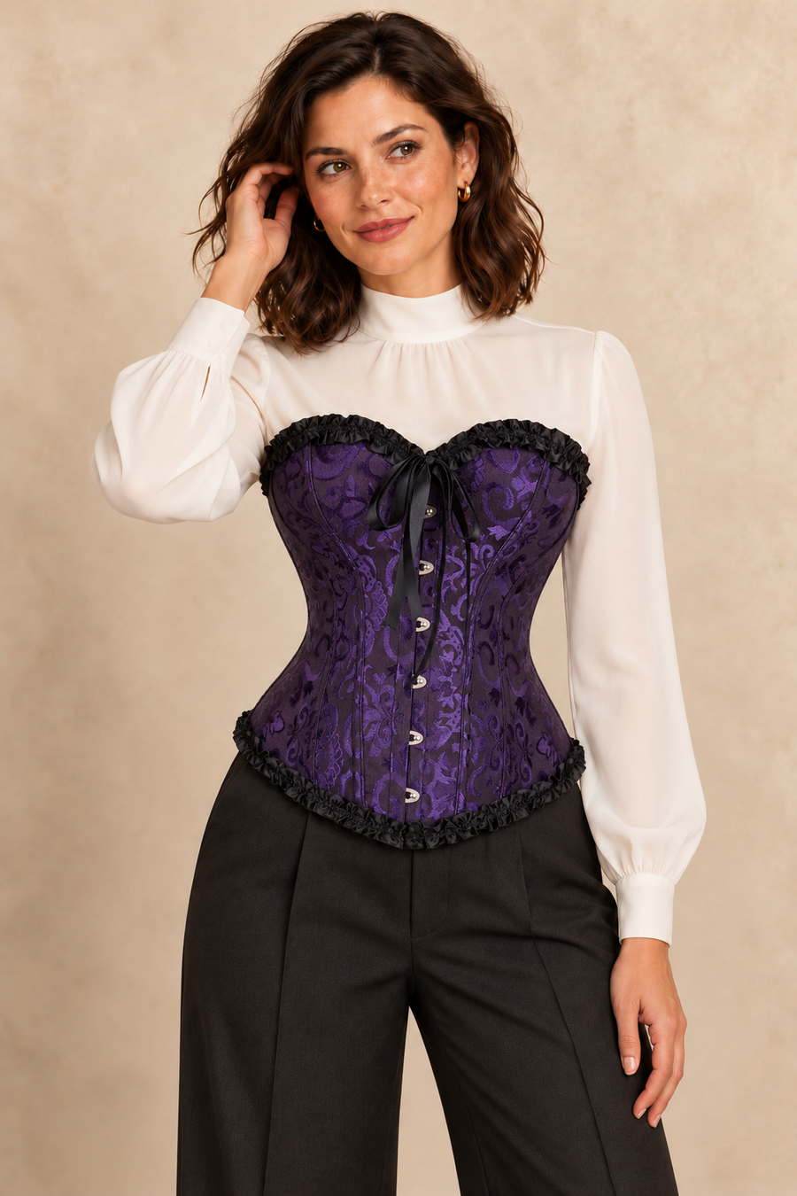 Violettes Korsett mit Spitzenbesatz